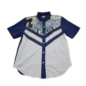 Remo of California Shirt Womens L Blue Button Up Short Sleeve Collared Top